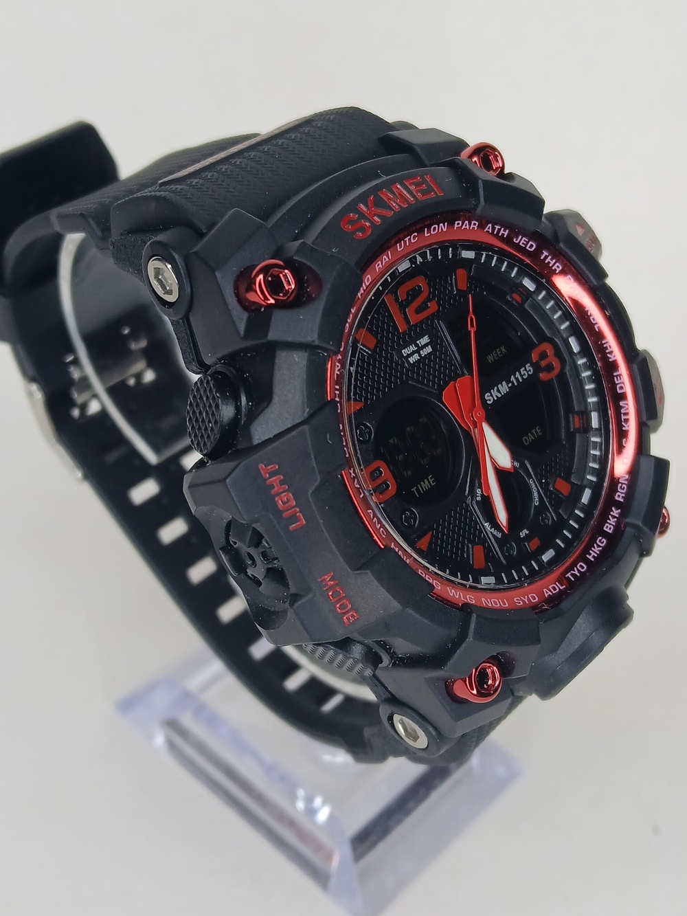 SKMEI 1155 Men’s Dual Time Sport Watch Black Red Digital Analog Chrono 50M